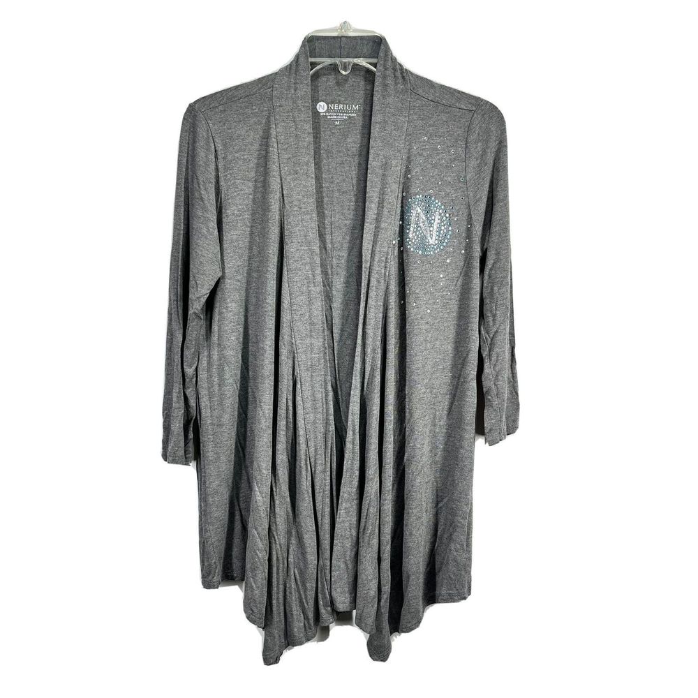 Nerium Womens Open Cardigan Size M Gray Bling Logo Sweater 3/4 Sleeve Jeff Olson - Picture 2 of 11